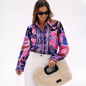 Zara Joylife Satin Retro Floral Button Down Shirt Pink Blue Size S